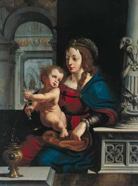 Joos van cleve Madonna and Child againt the renaissance background France oil painting art